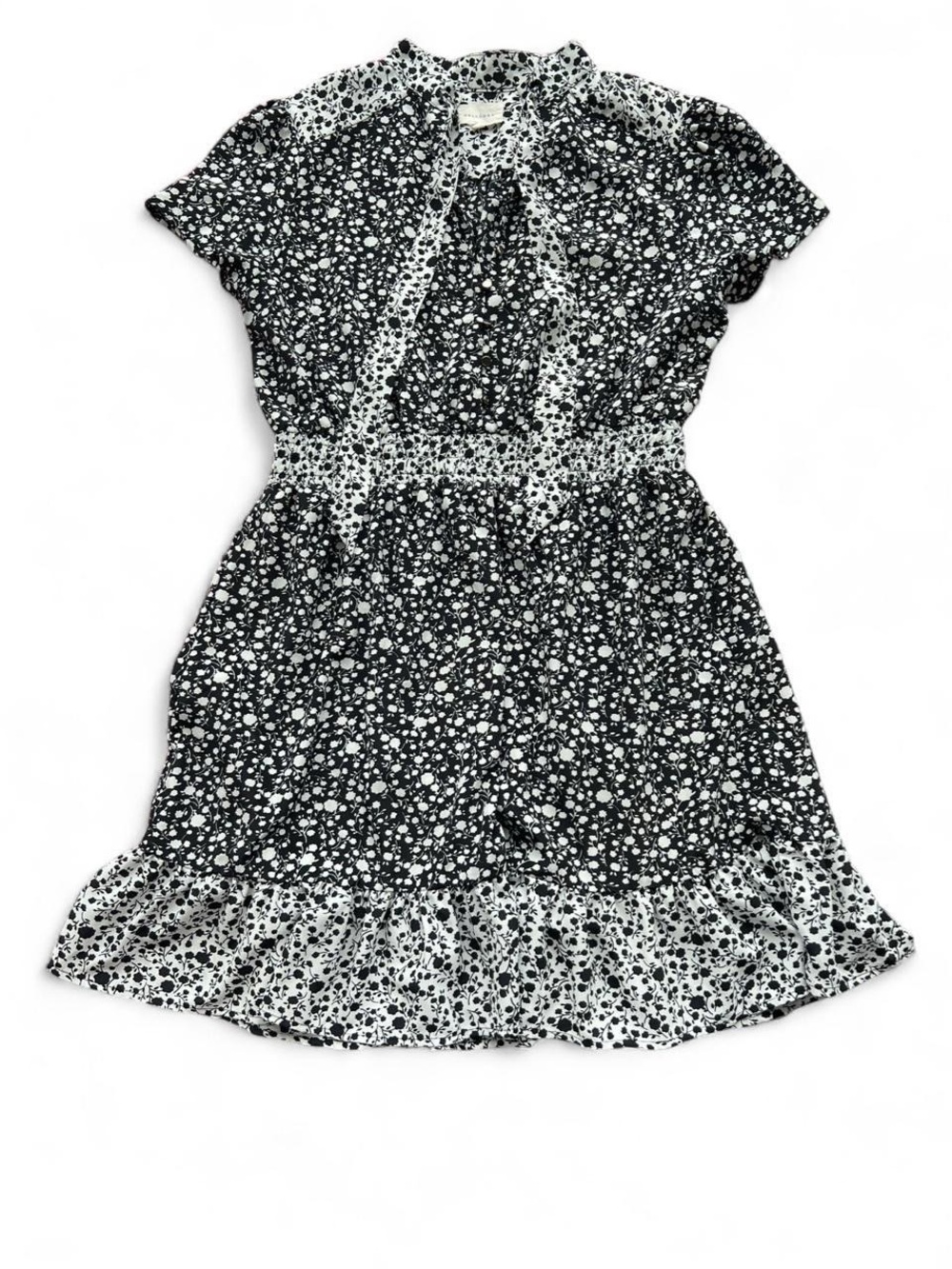 MELLODAY Black and White Floral Tie-Neck Mini Dress